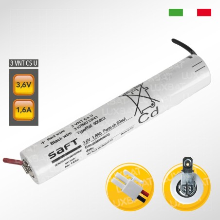 Pacco batteria SAFT 3VNTCs Ni-Cd per lampade d'emergenza, 3,6V 1600mAh alta temperatura