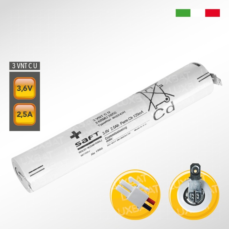 Pacco batteria SAFT 3VNTC U Ni-Cd per lampade d'emergenza, 3,6V 2500mAh alta temperatura