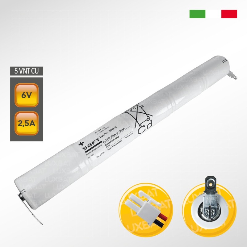 Pacco batteria SAFT 5VNTC U Ni-Cd per lampade d'emergenza, 6,0V 2500mAh alta temperatura