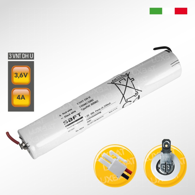 Pacco batteria SAFT 3VNTDHU Ni-Cd per lampade d'emergenza, 3,6V 4000mAh alta temperatura
