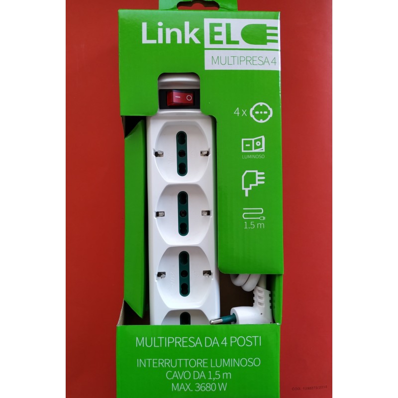MULTIPRESA CIABATTA LINKLED SCHUKO 4 POSTI CON INTERRUTTORE E CAVO DA 1,5m