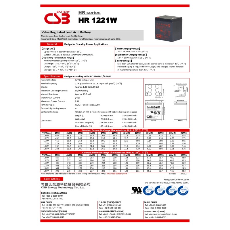 CSB HR1221W F2 12V 5Ah Batteria Ricaricabile al piombo per UPS